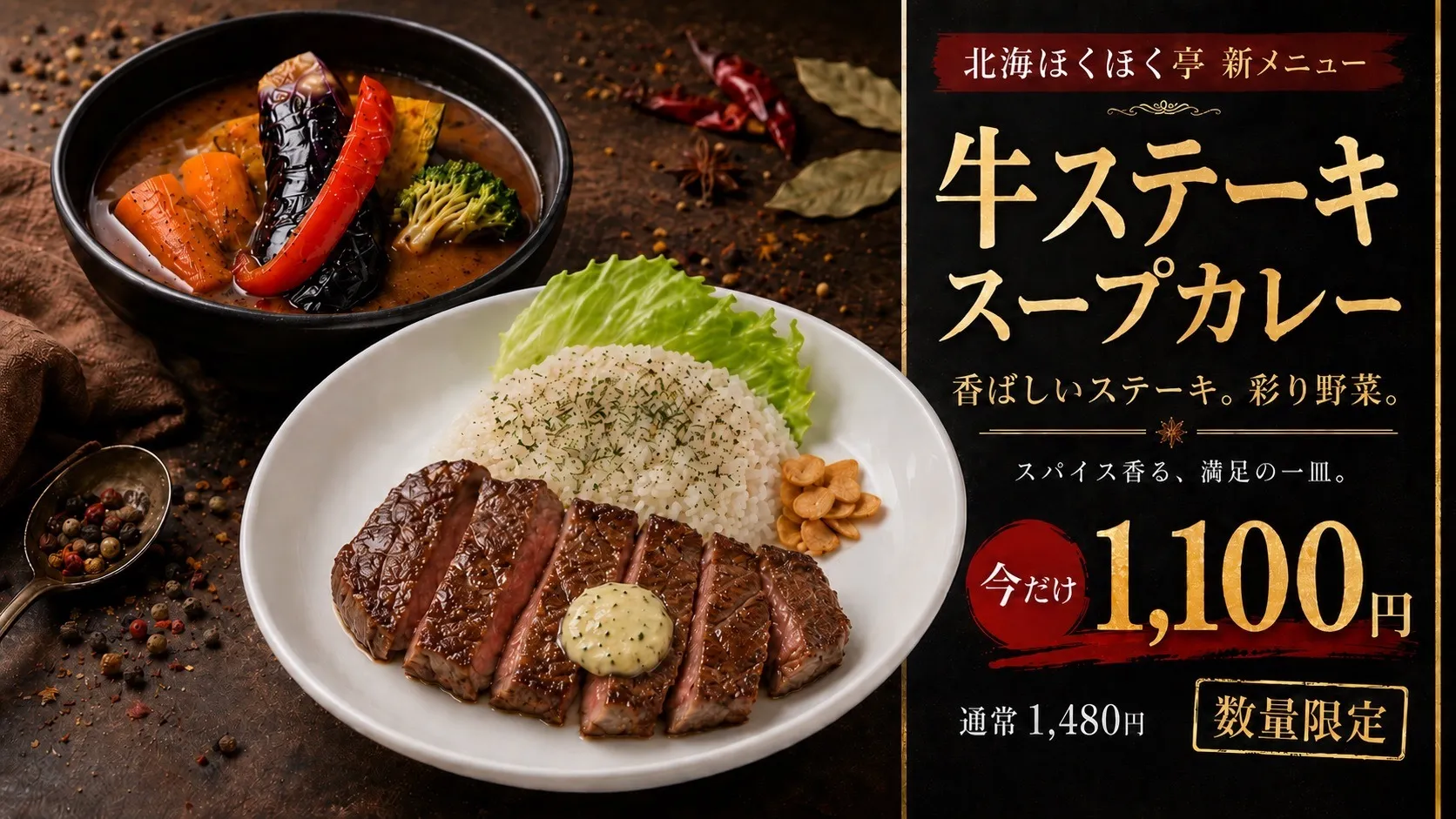 北海ほくほく亭新メニュー香ばしいステーキ。彩り野菜。